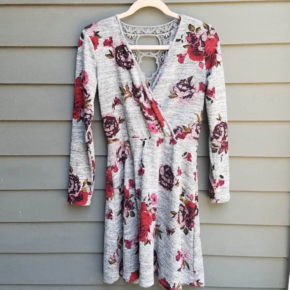Candies Gray Knit Floral Faux Wrap Dress with Lace back size Medium